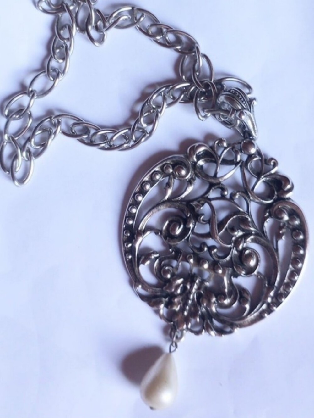Vintage AVON Renaissance Revival Faux Pearl Ornate Pendant Necklace Medallion